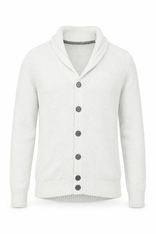 Front view of Blaq men’s grey v-neck cotton cardigan jumper, size S