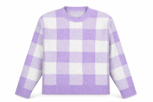Front view of Primark women’s purple round neck check acrylic jumper, size XS