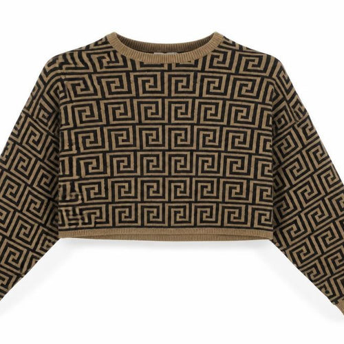Femme Luxe Womens Brown Round Neck Geometric Acrylic Pullover Jumper Size M - Cropped, UK Size M?L