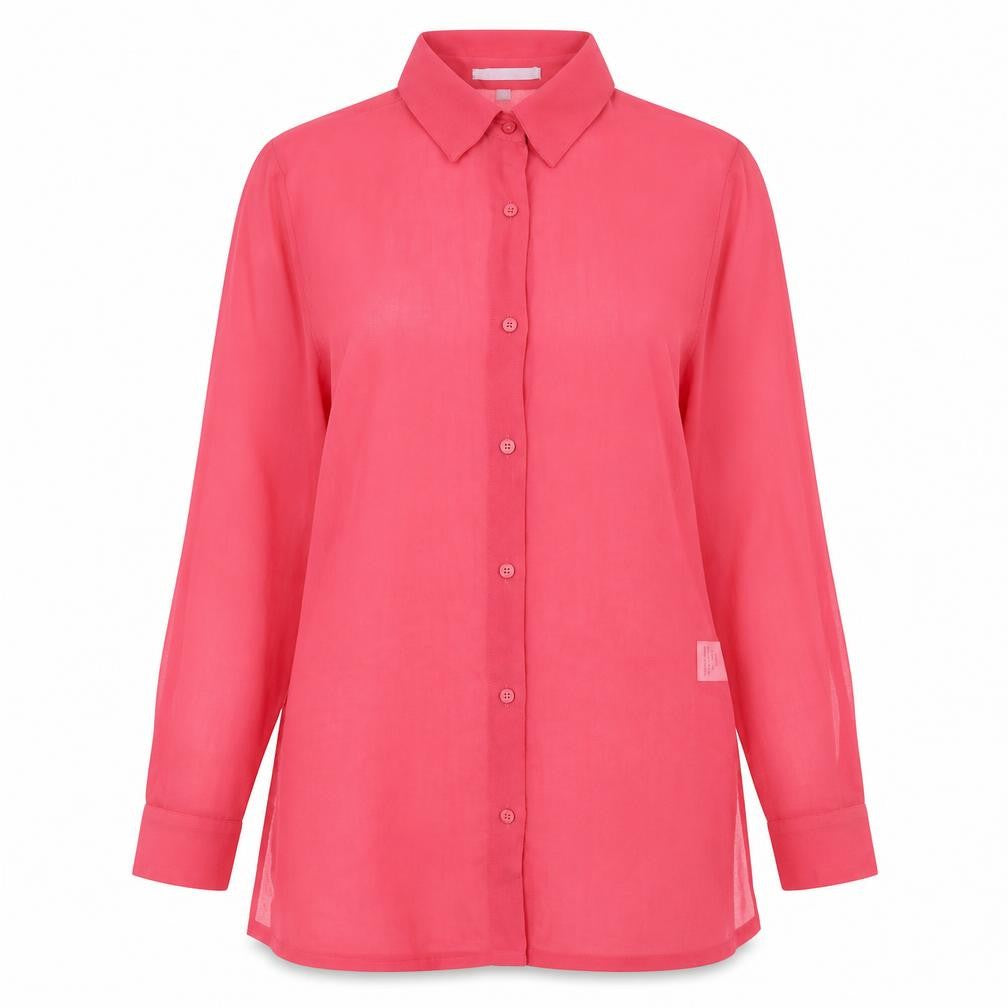 Front view of Preworn women’s pink polyester basic button-up, size UK 10, collared