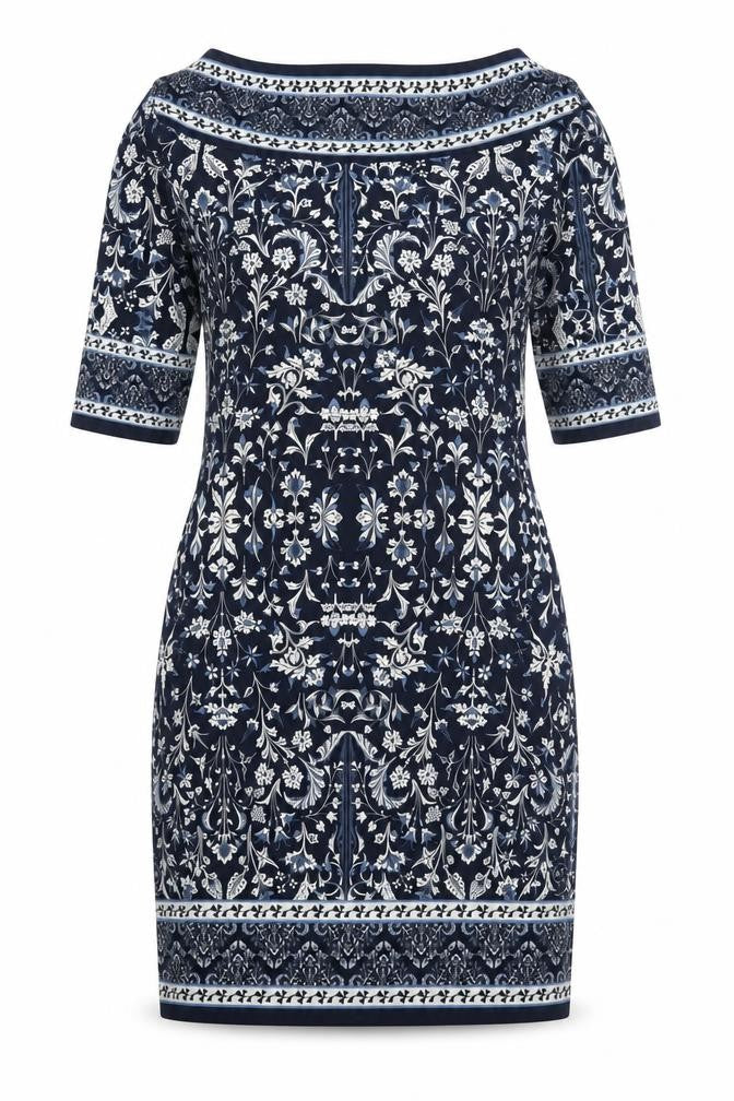 Front view of Max Studio women’s blue geometric polyester bodycon, size S, scoop neck pullover