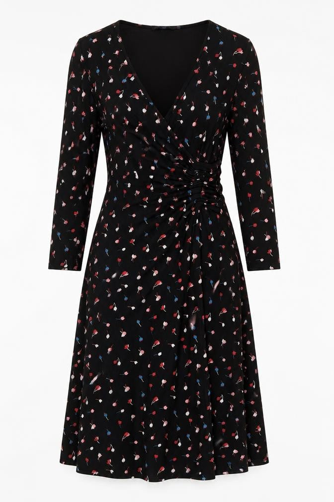 Front view of Marks & Spencer women’s black geometric viscose a-line, size UK 8, scoop neck pullover