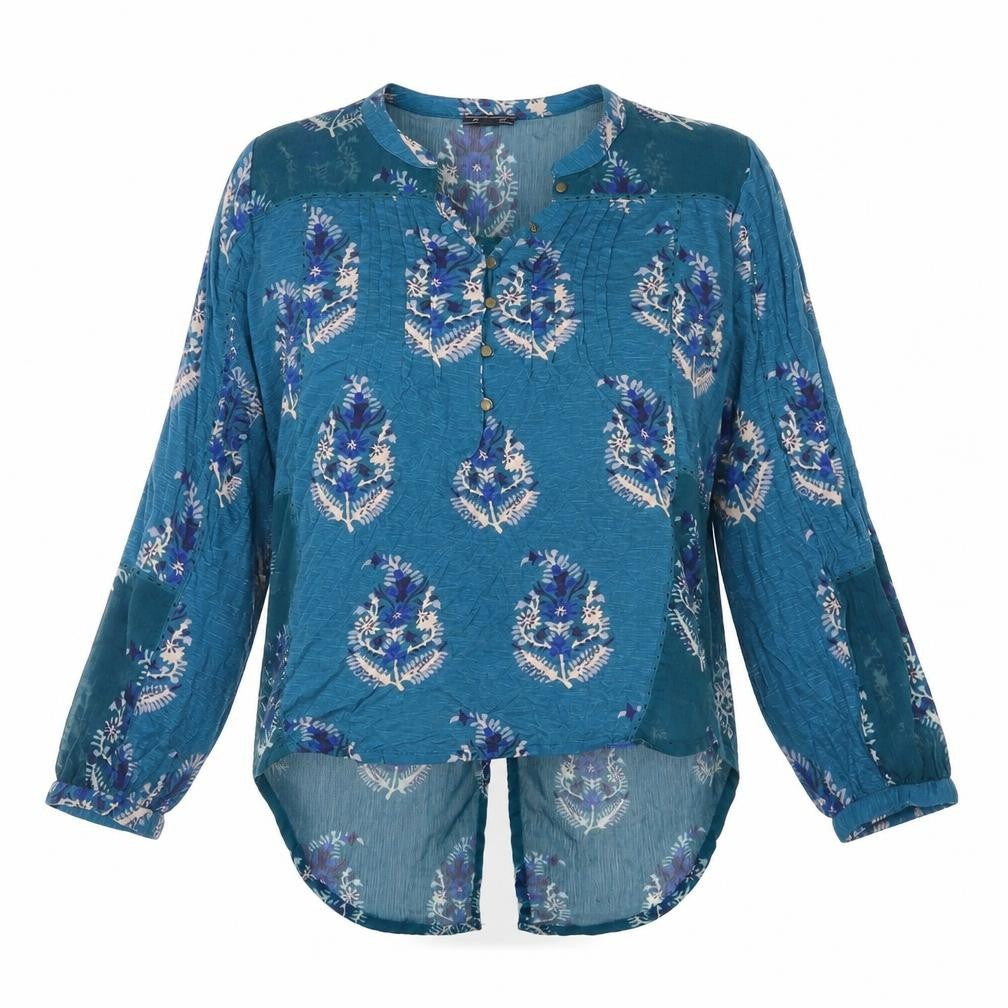 Front view of Lucky Brand women’s blue floral polyester basic blouse, size XS, round neck