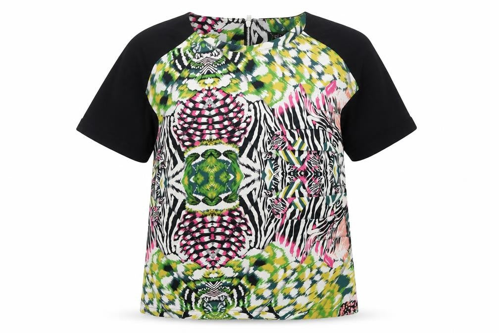 Front view of Topshop women’s multicoloured geometric polyester basic t-shirt, size UK 8, round neck
