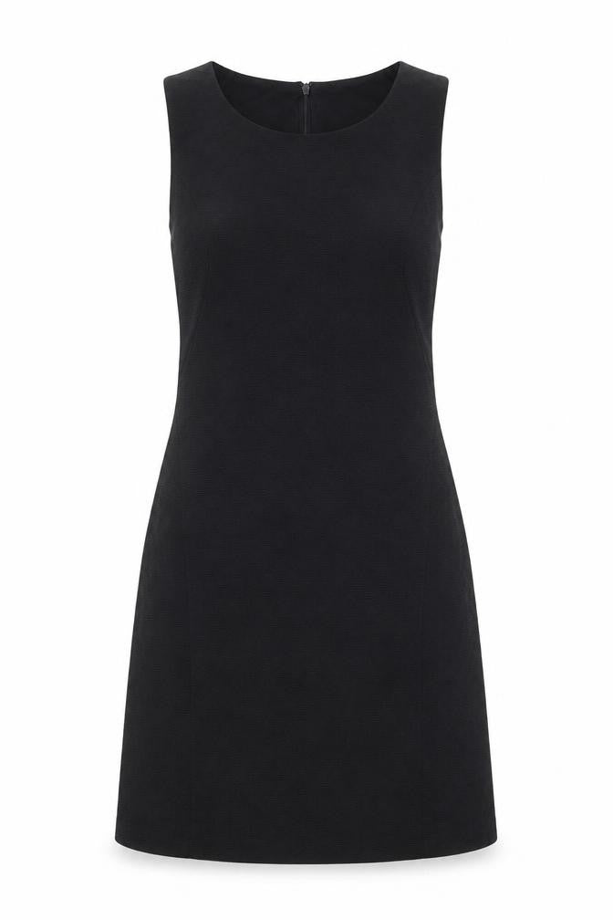 Front view of Forcast women’s black polyester a-line, size UK 6, round neck zip