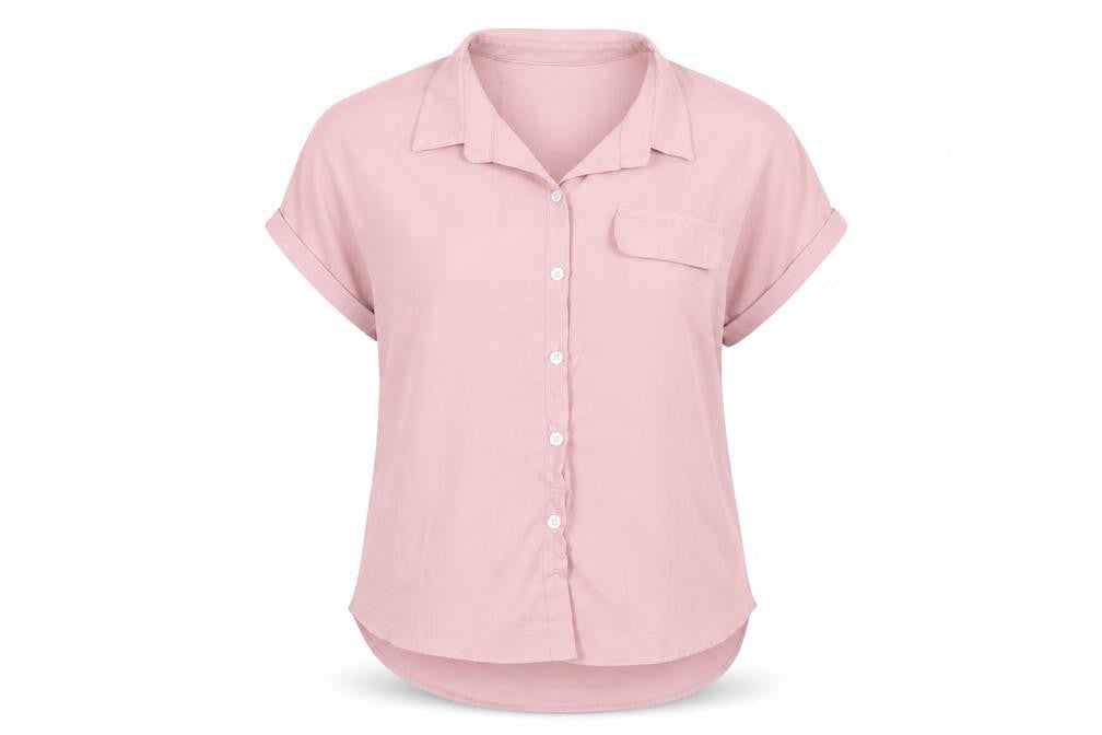 Front view of SHEIN women’s pink polyester basic button-up, size L, collared