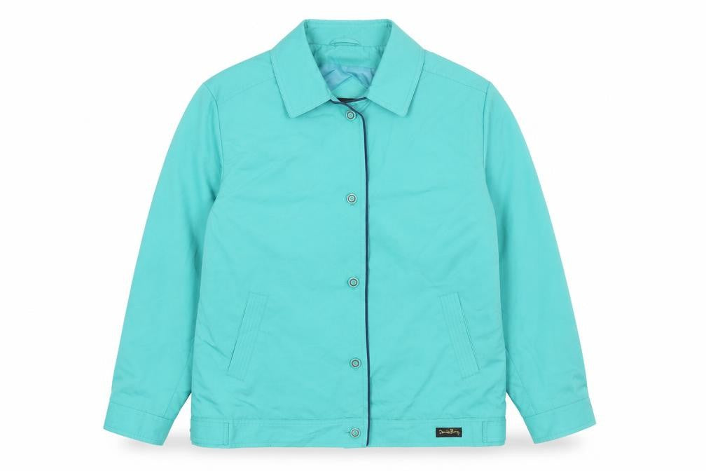 Front view of David Barry women’s green jacket coat, size UK 10, button