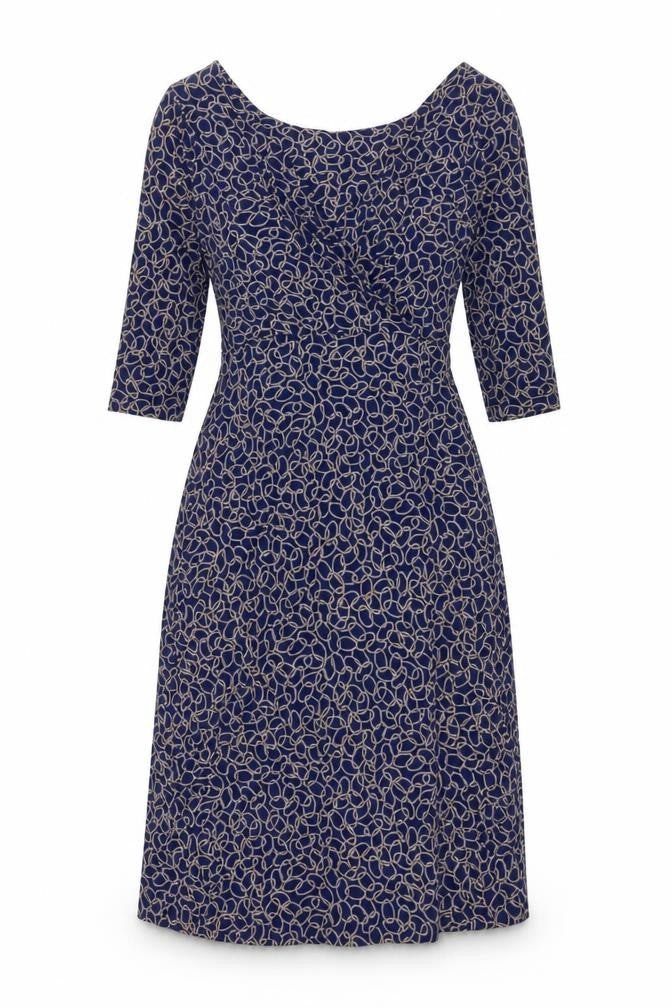 Front view of women’s blue geometric viscose a-line, size M, v-neck pullover