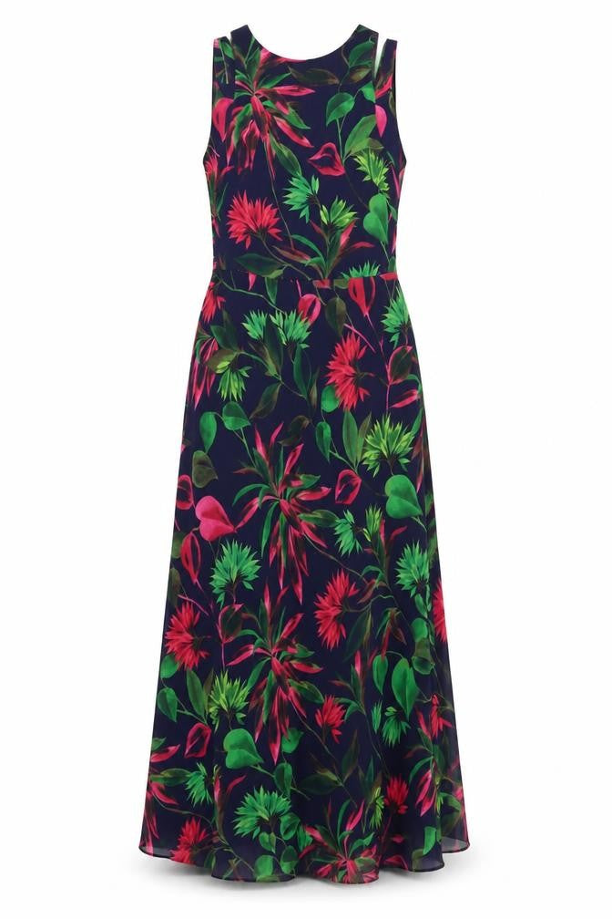 Front view of Taylor women’s multicoloured geometric polyester maxi, size UK 4, round neck zip