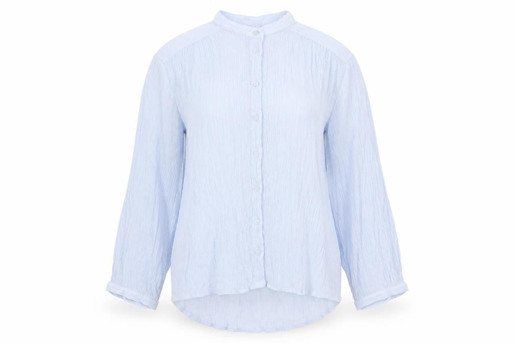 Front view of H&M women’s blue viscose basic button-up, size UK 6, round neck