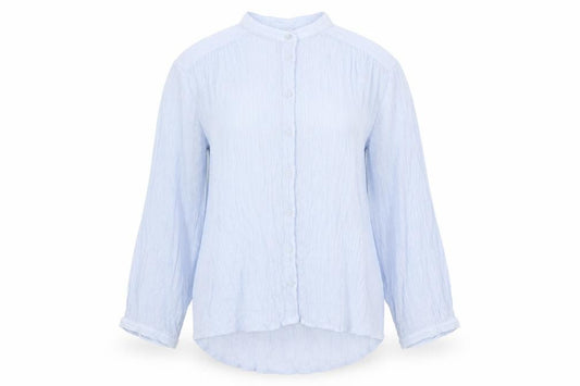 Front view of H&M women’s blue viscose basic button-up, size UK 6, round neck