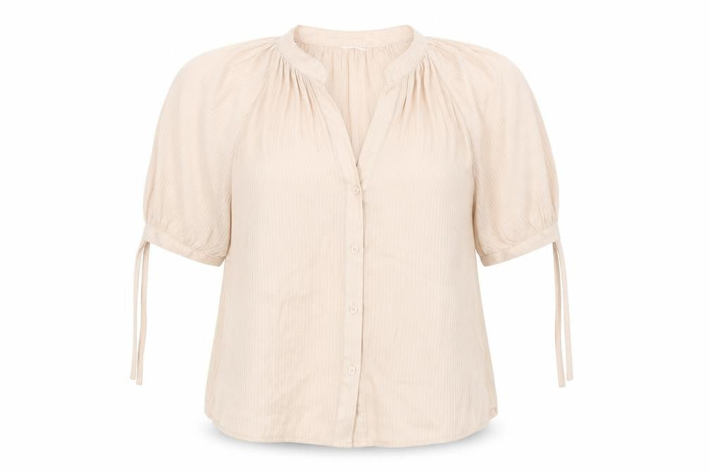 Front view of H&M women’s beige polyester basic button-up, size UK 14, v-neck