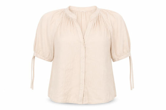 Front view of H&M women’s beige polyester basic button-up, size UK 14, v-neck