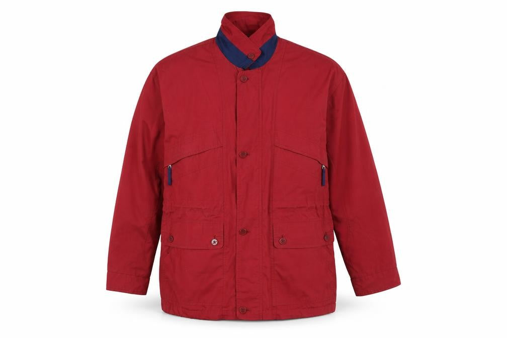 Front view of Roamer men’s red overcoat coat, size L, button