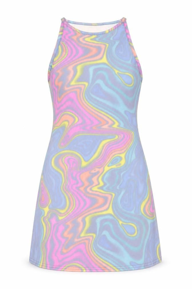 Front view of Topshop women’s multicoloured geometric nylon a-line, size UK 8, round neck pullover