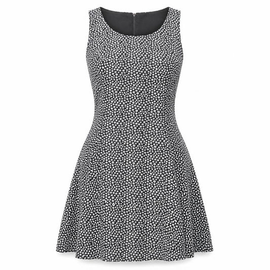 Front view of H&M women’s black floral polyester tank dress, size UK 6, round neck zip