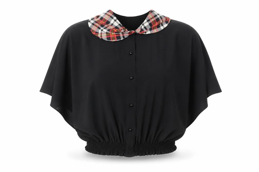 Front view of Precis women’s black polyester cropped button-up, size UK 16, collared