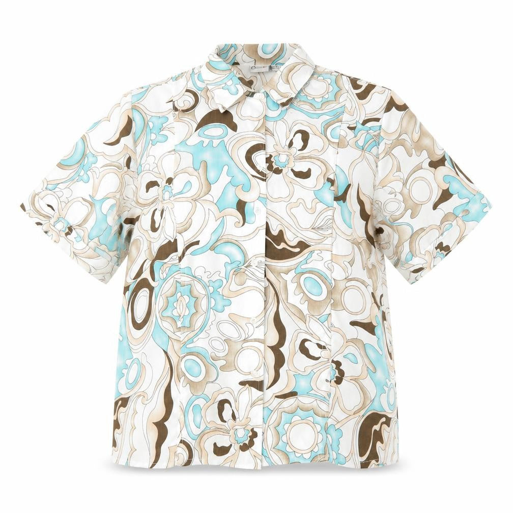 Front view of Oscar B women’s multicoloured geometric polyester basic button-up, size UK 18, collared