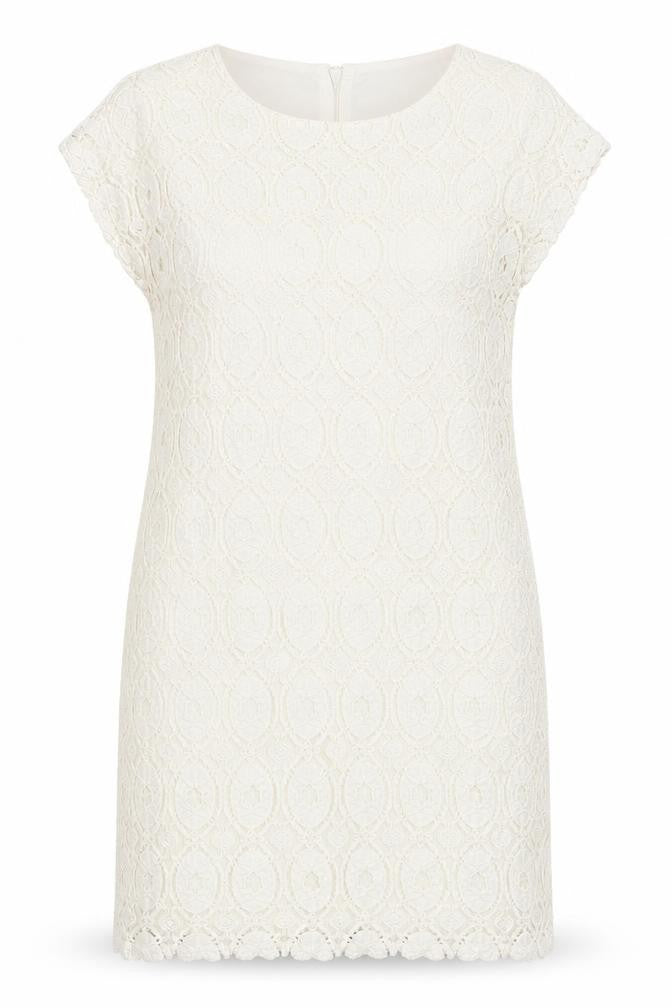 Front view of Oui women’s white geometric polyamide shift, size UK 12, round neck zip - lace overlay