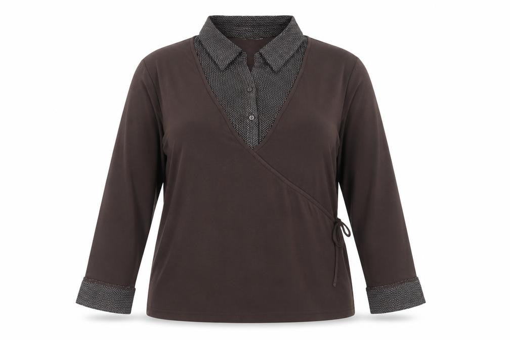 Front view of Bonmarché women’s brown polka dot polyester basic blouse, size UK 20, collared