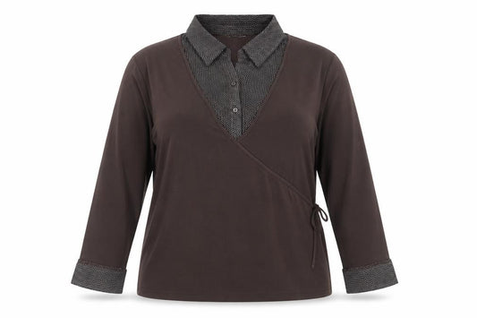 Front view of Bonmarché women’s brown polka dot polyester basic blouse, size UK 20, collared