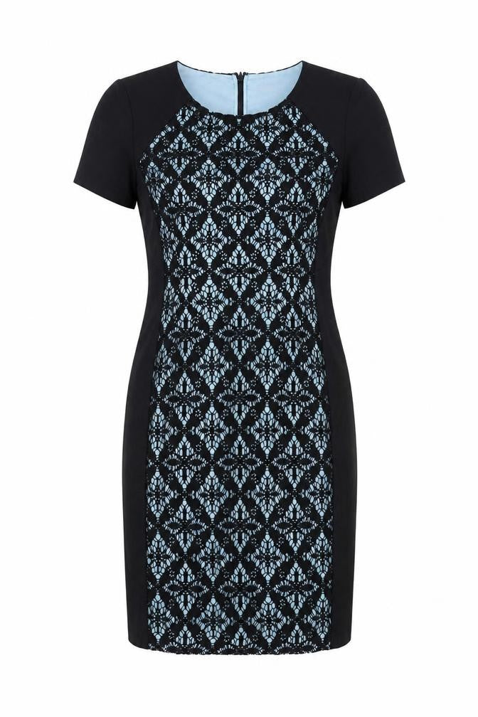 Front view of Planet women’s black geometric polyester shift, size UK 14, round neck zip