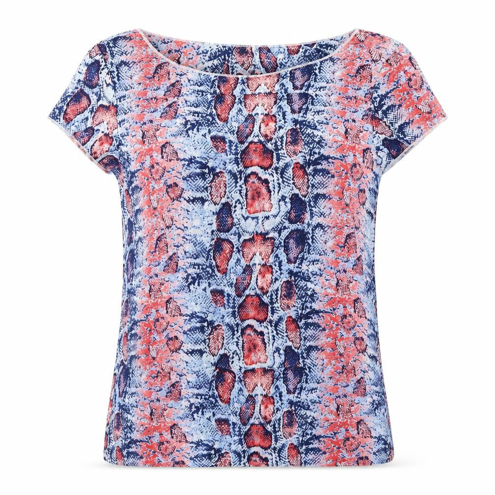 Front view of Tricot women’s multicoloured animal print polyester basic blouse, size XS, round neck - snake
