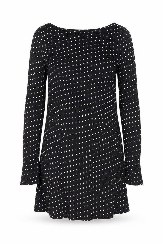 Front view of Zara women’s black polka dot viscose shift, size M, round neck pullover