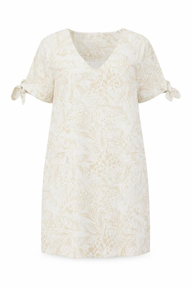 Front view of Tu women’s beige geometric linen shift, size UK 8, v-neck pullover