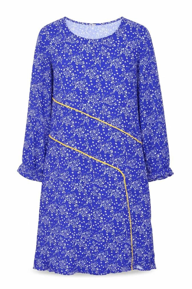 Front view of ghos`t women’s blue floral viscose shift, size S, round neck pullover