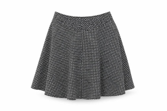 Front view of LOFT women’s black geometric rayon skater skirt, size XS