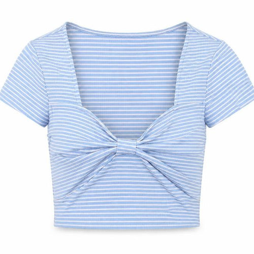 Vera Moda Womens Blue Striped Polyester Cropped Blouse Size XS Scoop Neck - Knot Front