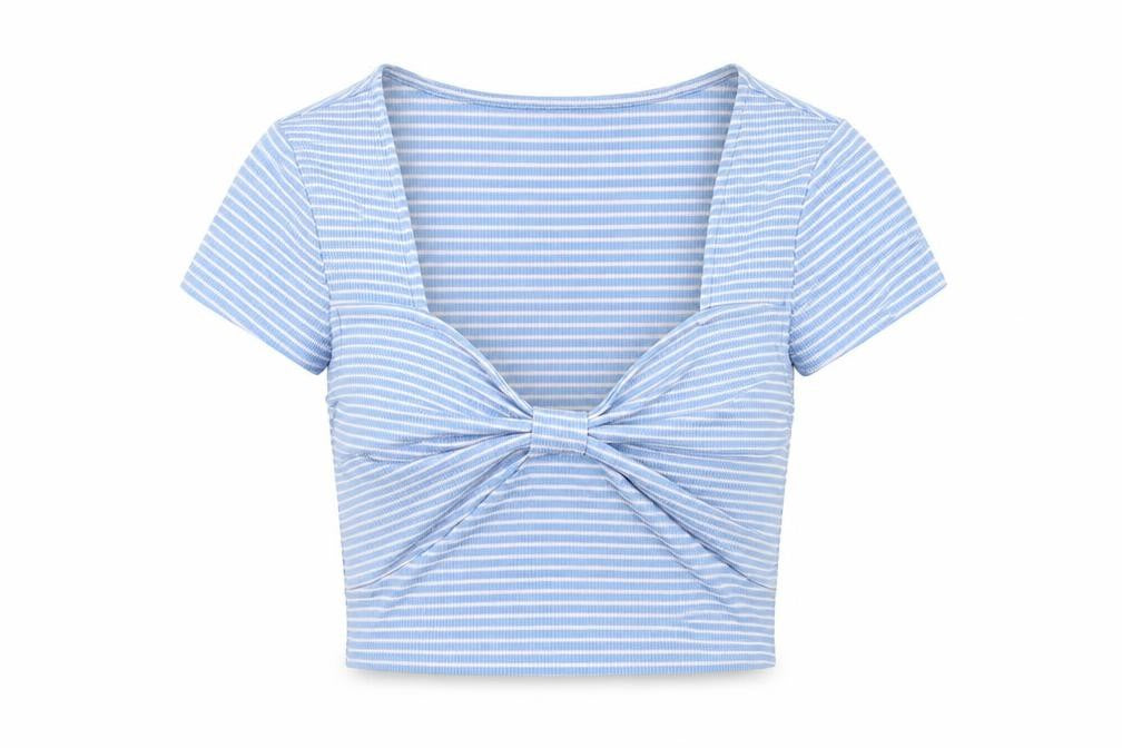 Vera Moda Womens Blue Striped Polyester Cropped Blouse Size XS Scoop Neck - Knot Front