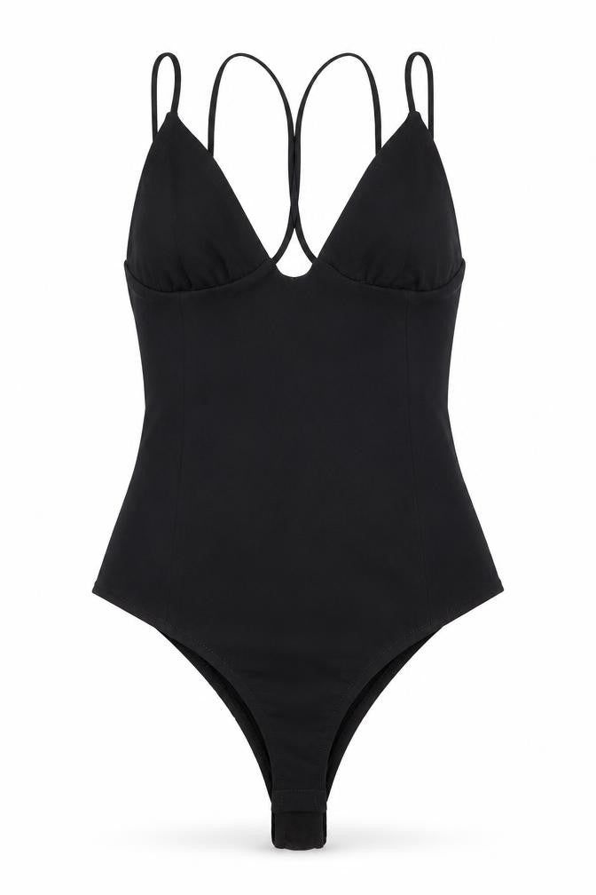 Front view of Zara women’s black polyester bodysuit one-piece, size S, snap