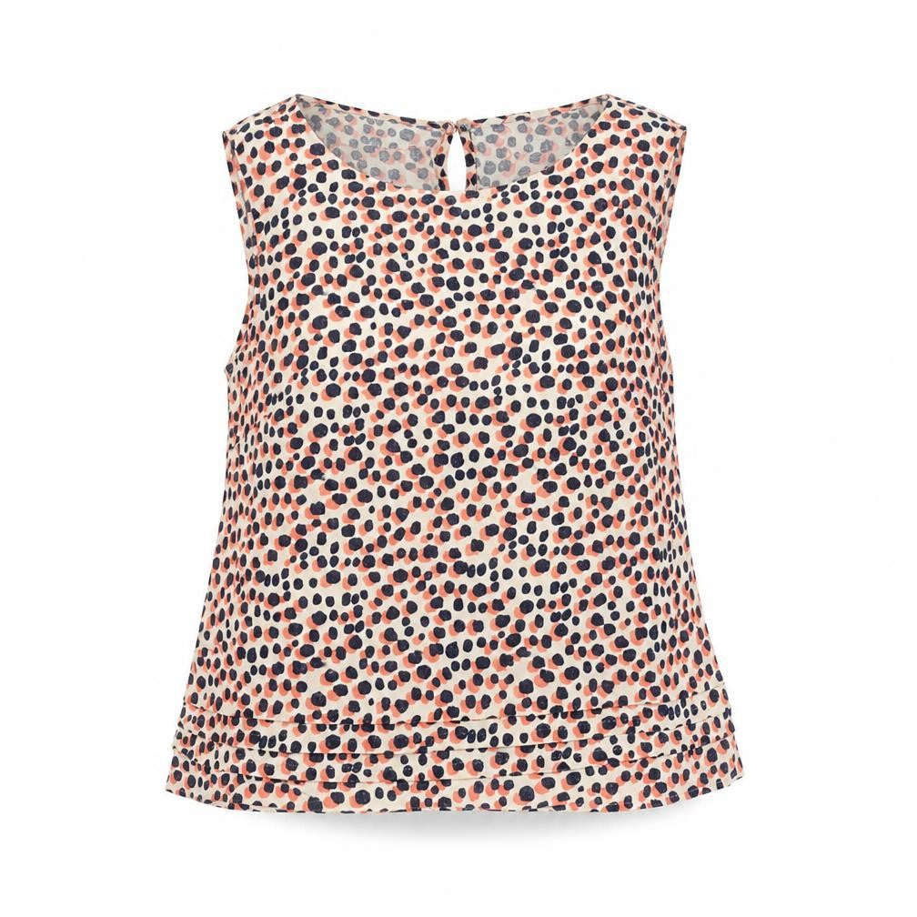 Front view of BHS women’s multicoloured geometric linen basic blouse, size UK 12, round neck