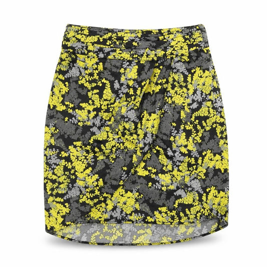 Front view of H&M women’s multicoloured floral polyester wrap skirt, size UK 6, zip