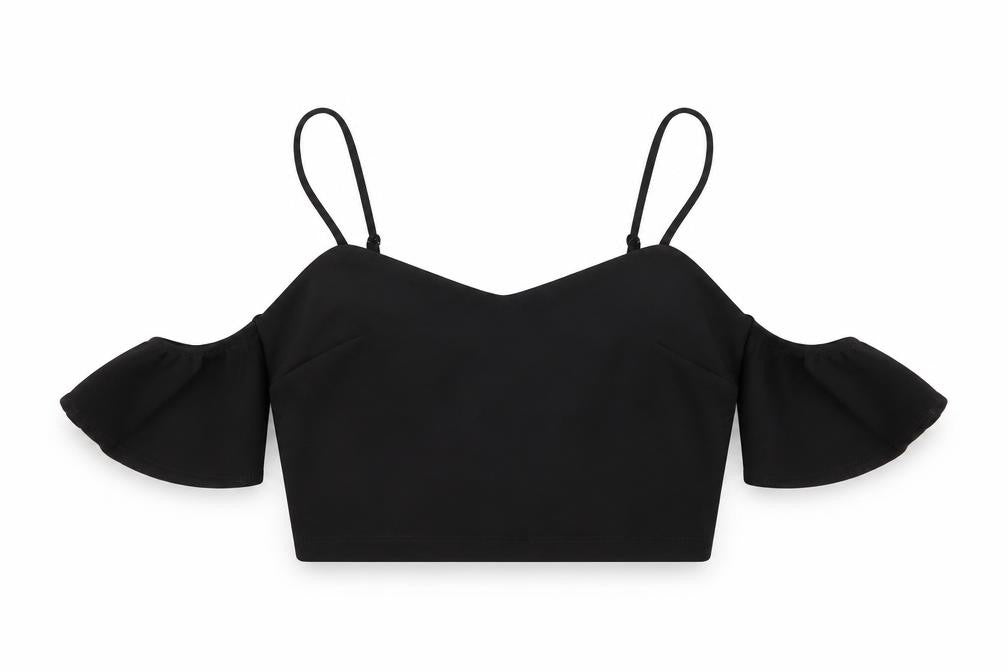 Front view of SHEIN women’s black polyester cropped tank, size M, sweetheart