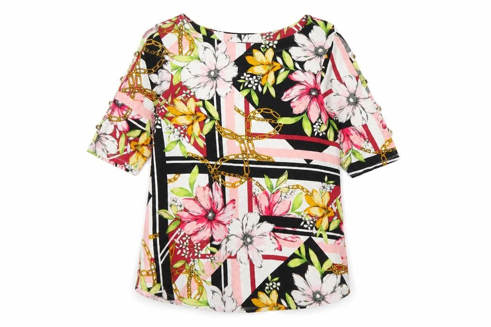 Front view of Cable & Gauge women’s multicoloured floral viscose basic t-shirt, size L, boat neck