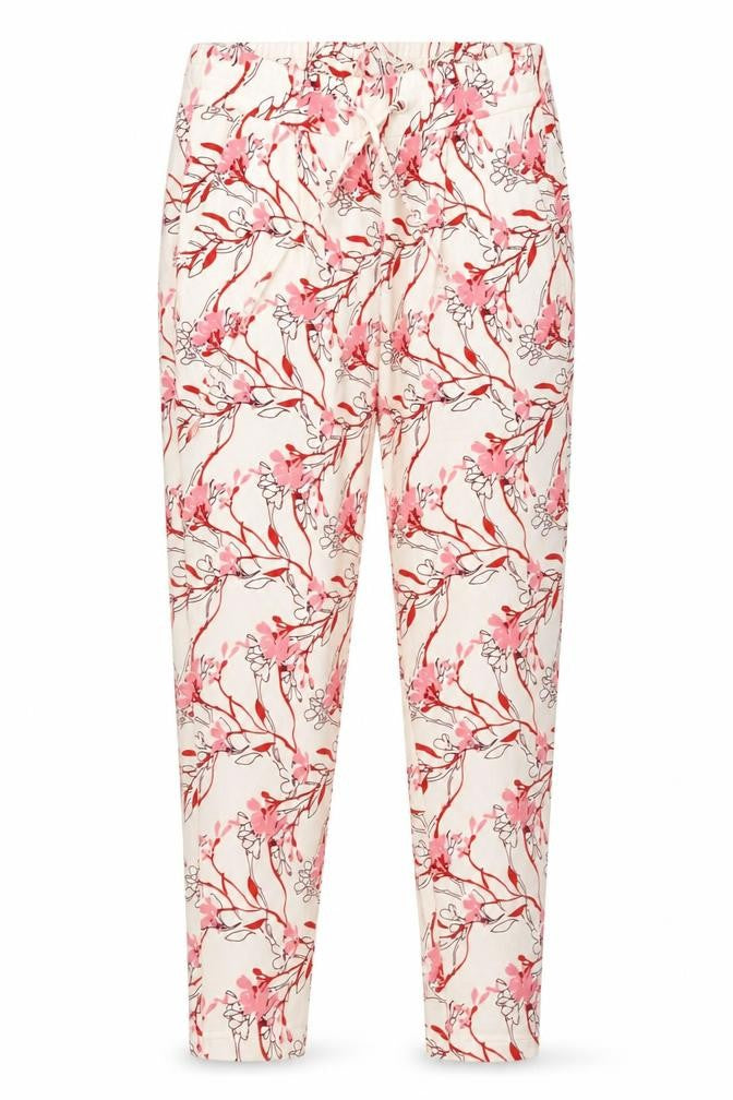 Front view of ICHI women’s multicoloured floral polyester trousers, size S, 25-inch leg regular drawstring