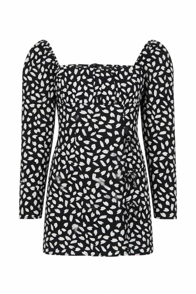 Front view of PRETTYLITTLETHING women’s black geometric polyester mini, size UK 10, square neck zip