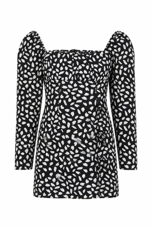 Front view of PRETTYLITTLETHING women’s black geometric polyester mini, size UK 10, square neck zip