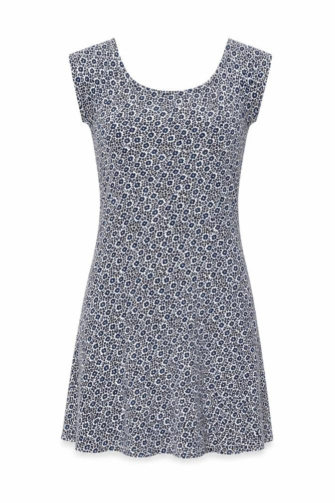 Front view of Easy Wear women’s blue floral cotton mini, size S, boat neck pullover