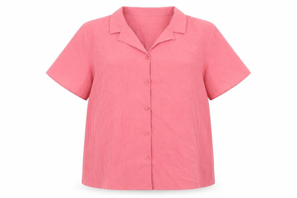 Front view of EWM women’s pink polyester basic button-up, size UK 16, collared