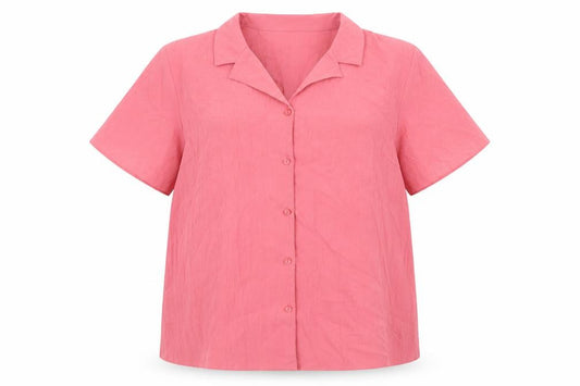 Front view of EWM women’s pink polyester basic button-up, size UK 16, collared