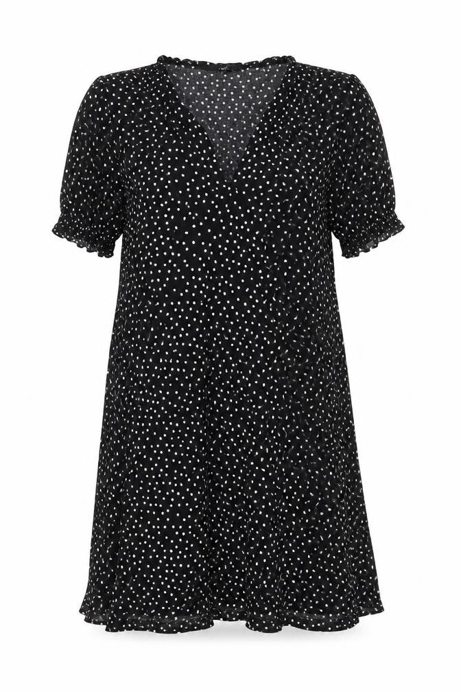 Front view of Next women’s black polka dot viscose a-line, size UK 10, v-neck pullover