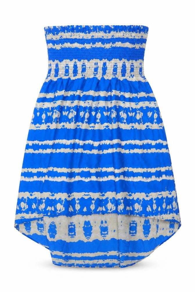 Front view of Papaya women’s blue geometric polyester a-line, size M, off the shoulder pullover