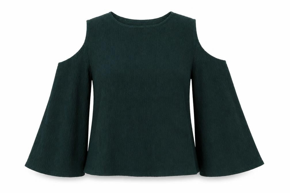 Front view of H&M women’s green polyester basic blouse, size XS, round neck - cold shoulder