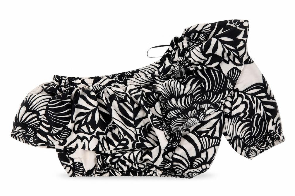 Front view of Topshop women’s black geometric polyester cropped blouse, size UK 8, one shoulder