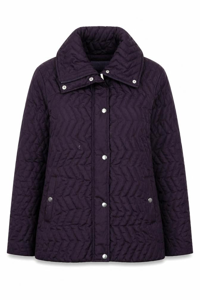 Front view of Autonomy women’s purple geometric quilted coat, size UK 10, zip