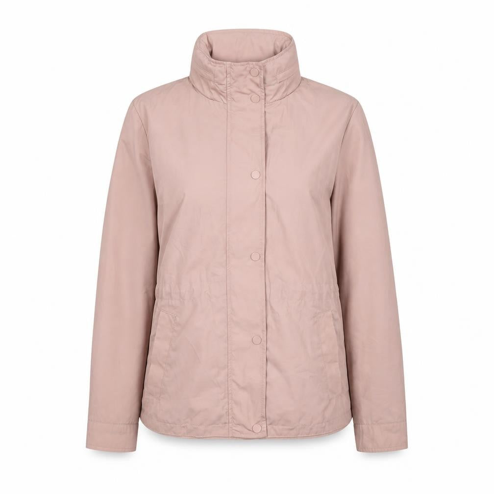Front view of Marks & Spencer women’s pink windbreaker coat, size UK 12, zip